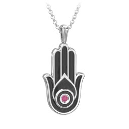 Men's Engravable Hamsa Gemstone Necklace with Cold Enamel in 925 Sterling Silver with Ruby