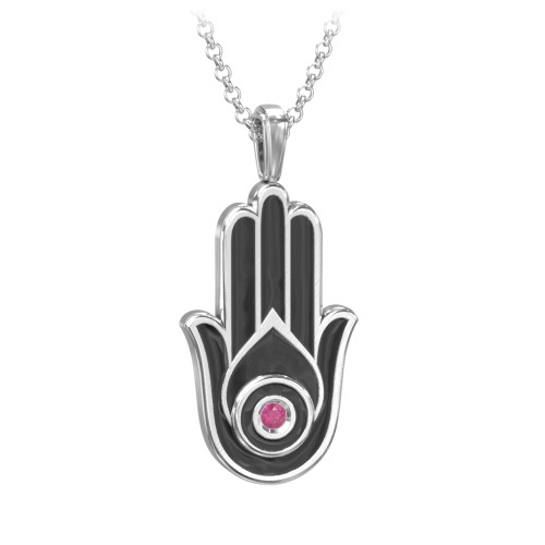 Men's Engravable Hamsa Gemstone Necklace with Cold Enamel – Sterling Silver with Ruby