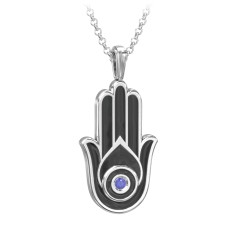Men's Engravable Hamsa Gemstone Necklace with Cold Enamel – Sterling Silver with Smokey Quartz