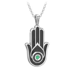 Men's Engravable Hamsa Gemstone Necklace with Cold Enamel in 925 Sterling Silver with Emerald