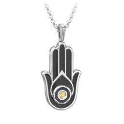 Men's Engravable Hamsa Gemstone Necklace with Cold Enamel in 925 Sterling Silver with Citrine