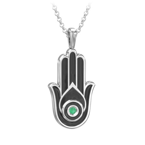 Men's Engravable Hamsa Gemstone Necklace with Cold Enamel – Sterling Silver with Emerald