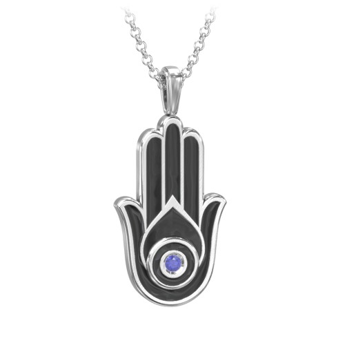 Men's Engravable Hamsa Gemstone Necklace with Cold Enamel – Sterling Silver with Blue Sapphire