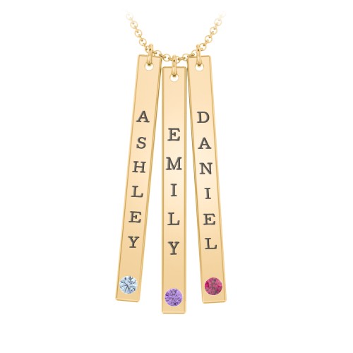 Multi Vertical Birthstone Bar Pendant - 3 Bar – 10K Yellow Gold with Blue Topaz, Amethyst, and Ruby