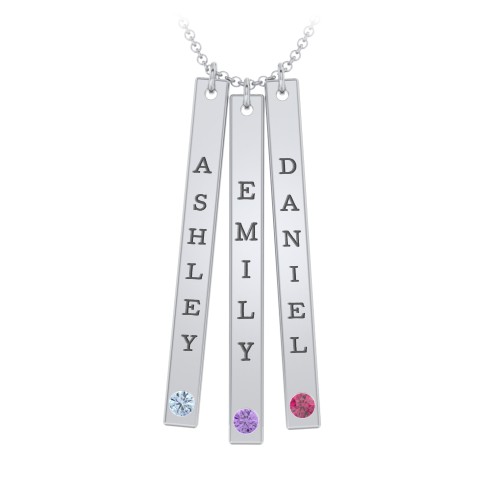 Multi Vertical Birthstone Bar Pendant - 3 Bar – Sterling Silver with Blue Topaz, Amethyst, and Ruby