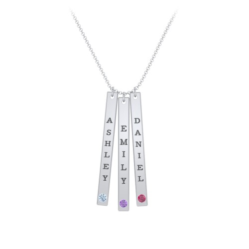 Multi Vertical Birthstone Bar Pendant - 3 Bar – Sterling Silver with Blue Topaz, Amethyst, and Ruby