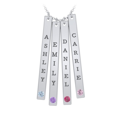 Multi Vertical Birthstone Bar Pendant - 4 Bar – Sterling Silver with Blue Topaz, Amethyst, Ruby, and Pink Tourmaline