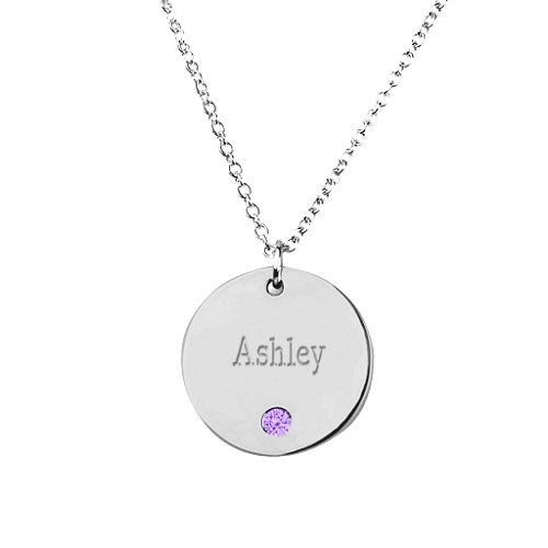 Birthstone Name Disc Pendant – Sterling Silver with Amethyst
