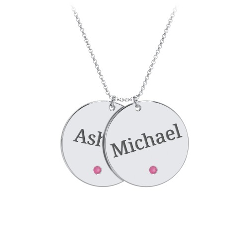 Engravable 2 Disc Pendant with Birthstone – Sterling Silver with Ruby