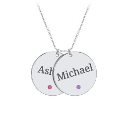 Engravable 2 Disc Pendant with Birthstone in 925 Sterling Silver with Ruby, Amethyst Premium Zirconia, Blue Sapphire, and Blue Topaz