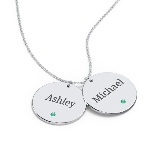 Engravable 2 Disc Pendant with Birthstone – Sterling Silver with Emerald