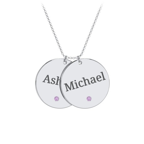 Engravable 2 Disc Pendant with Birthstone – Sterling Silver with Amethyst