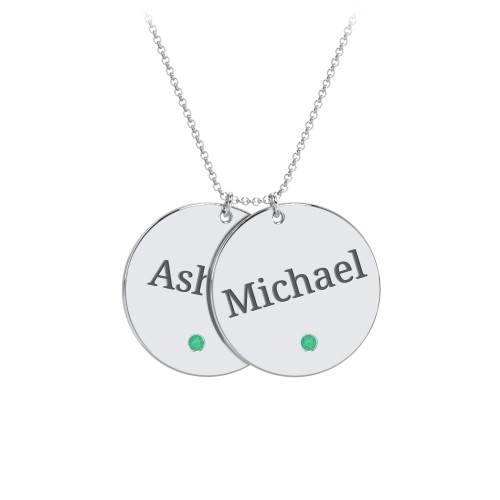 Engravable 2 Disc Pendant with Birthstone – Sterling Silver with Emerald