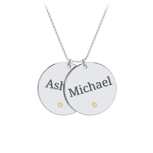 Engravable 2 Disc Pendant with Birthstone – Sterling Silver with Citrine