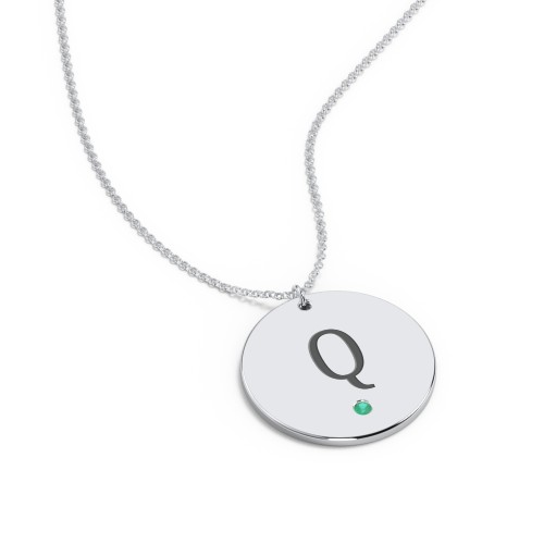 Engravable Disc Pendant with Birthstone – Sterling Silver with Emerald