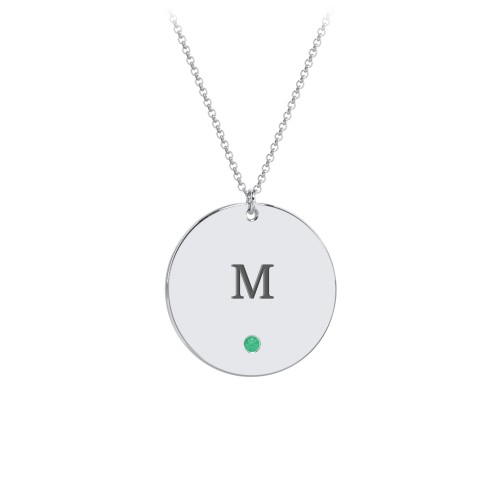 Engravable Disc Pendant with Birthstone – Sterling Silver with Emerald