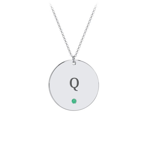 Engravable Disc Pendant with Birthstone – Sterling Silver with Emerald