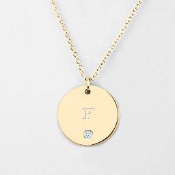 Birthstone F Initial Disc Pendant in 10K Solid Yellow Gold with Cubic Zirconia
