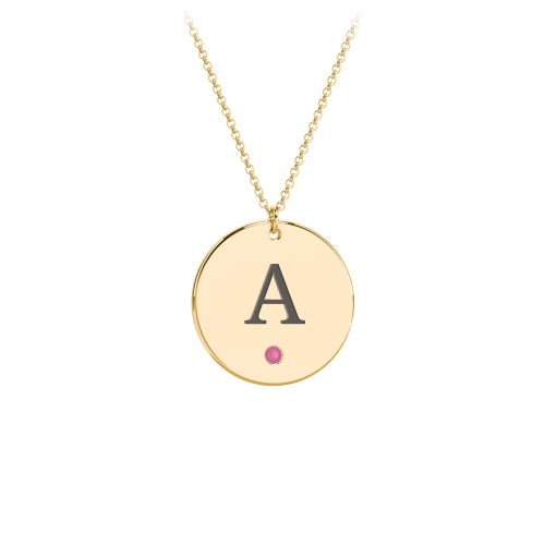 Birthstone Initial Disc Pendant – 18K Gold Plated Silver with Ruby