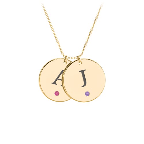 Birthstone Initial 2 Disc Pendant – 10K Yellow Gold with Ruby and Amethyst