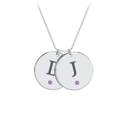 Birthstone Initial 2 Disc Pendant in 925 Sterling Silver with Amethyst, Blue Sapphire, and Blue Topaz