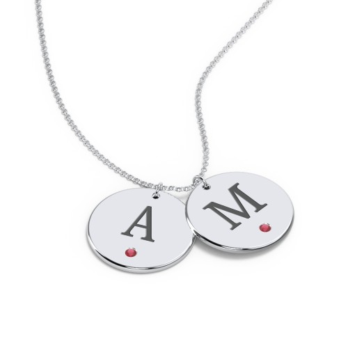 Birthstone Initial 2 Disc Pendant – Sterling Silver with Garnet