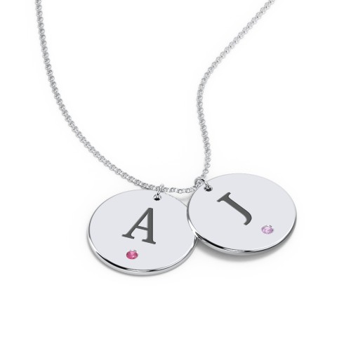 Birthstone Initial 2 Disc Pendant – Sterling Silver with Ruby and Amethyst