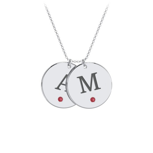 Birthstone Initial 2 Disc Pendant – Sterling Silver with Garnet