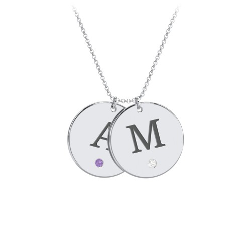 Birthstone Initial 2 Disc Pendant – Sterling Silver with Amethyst and Cubic Zirconia
