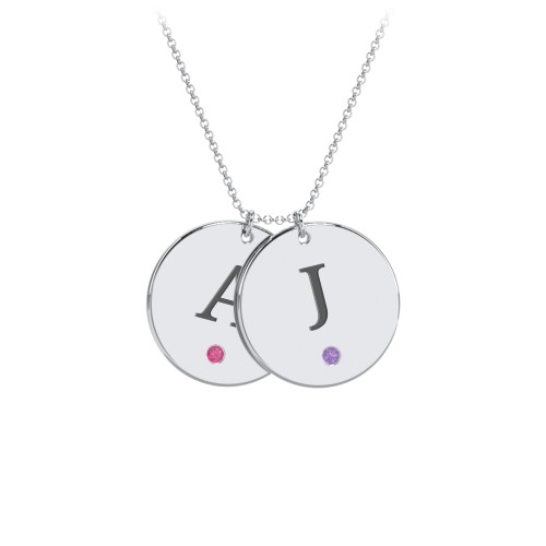 Birthstone Initial 2 Disc Pendant – Sterling Silver with Ruby and Amethyst
