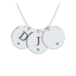 Birthstone Initial 3 Disc Pendant in 925 Sterling Silver with Emerald and Blue Topaz
