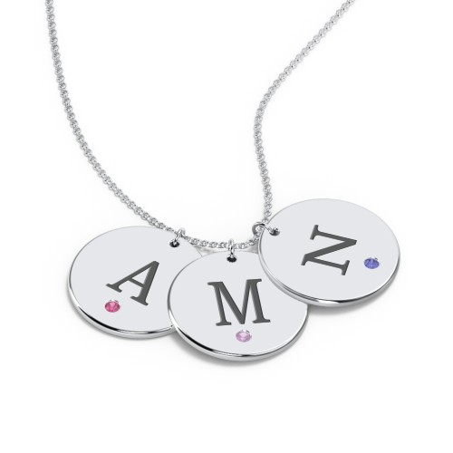 Birthstone Initial 3 Disc Pendant – Sterling Silver with Ruby, Amethyst, and Blue Sapphire