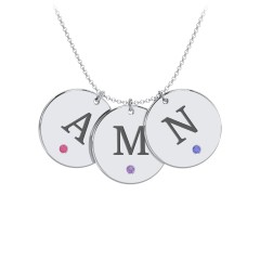 Birthstone Initial 3 Disc Pendant – 10K Yellow Gold with Ruby, Amethyst, and Blue Sapphire