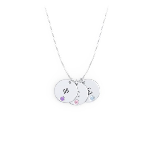 Engravable Disc Sorority Pendant with Birthstone – Sterling Silver with Amethyst, Pink Tourmaline, and Blue Topaz
