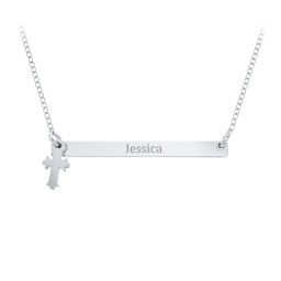 Engravable Bar Pendant with Cross Charm in 925 Sterling Silver