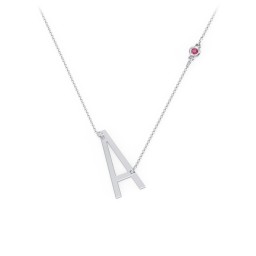 Asymmetrical Initial Necklace with Gemstone in 925 Sterling Silver with Ruby