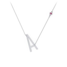 Asymmetrical Initial Necklace with Gemstone in 925 Sterling Silver with Ruby