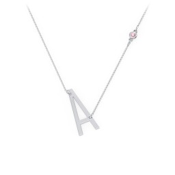 Asymmetrical Initial Necklace with Gemstone in 925 Sterling Silver with Pink Tourmaline