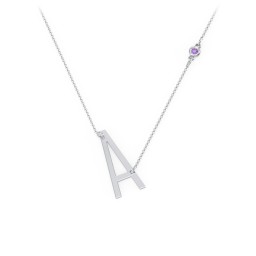 Asymmetrical Initial Necklace with Gemstone in 925 Sterling Silver with Amethyst
