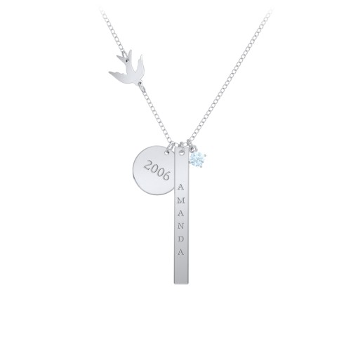 Milestone Necklace with Bird Charm – Sterling Silver with Aquamarine