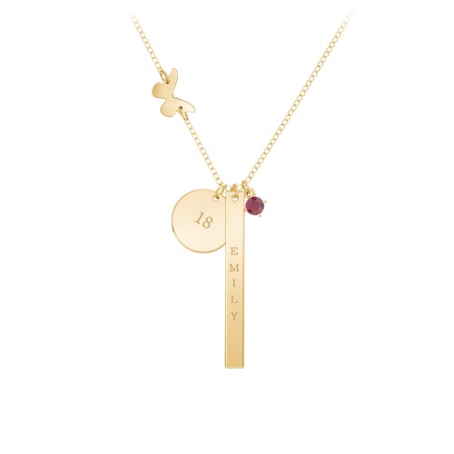 Milestone Necklace with Butterfly Charm – 10K Yellow Gold with Ruby