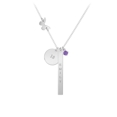 Milestone Necklace with Butterfly Charm – Sterling Silver with Amethyst