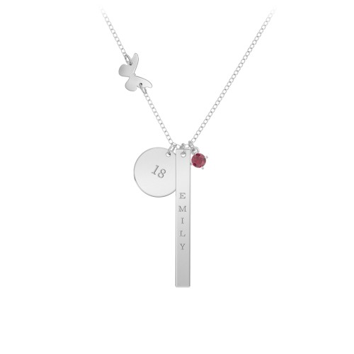 Milestone Necklace with Butterfly Charm – Sterling Silver with Ruby