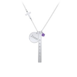 Milestone Necklace with Cross Charm in 925 Sterling Silver with Amethyst