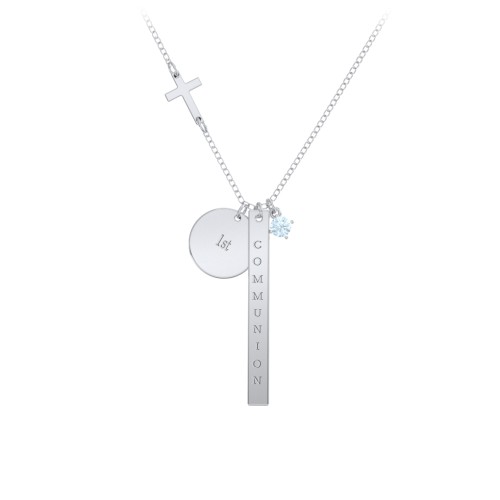 Milestone Necklace with Cross Charm – Sterling Silver with Aquamarine
