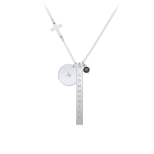 Milestone Necklace with Cross Charm – Sterling Silver with Smokey Quartz