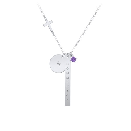 Milestone Necklace with Cross Charm – Sterling Silver with Amethyst