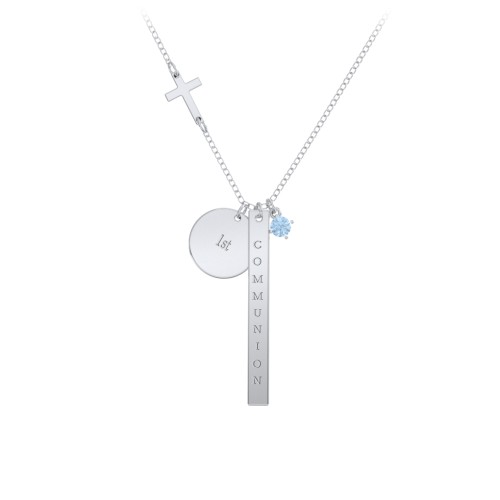 Milestone Necklace with Cross Charm – Sterling Silver with Blue Topaz