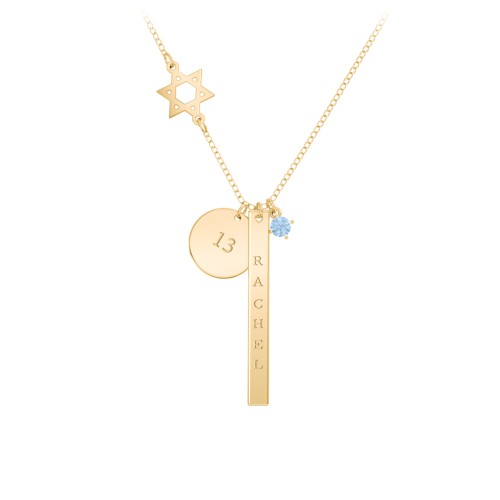 Milestone Necklace with Star of David Charm – 10K Yellow Gold with Blue Topaz
