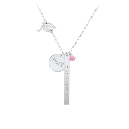 Milestone Necklace with Graduation Hat Charm – Sterling Silver with Pink Tourmaline